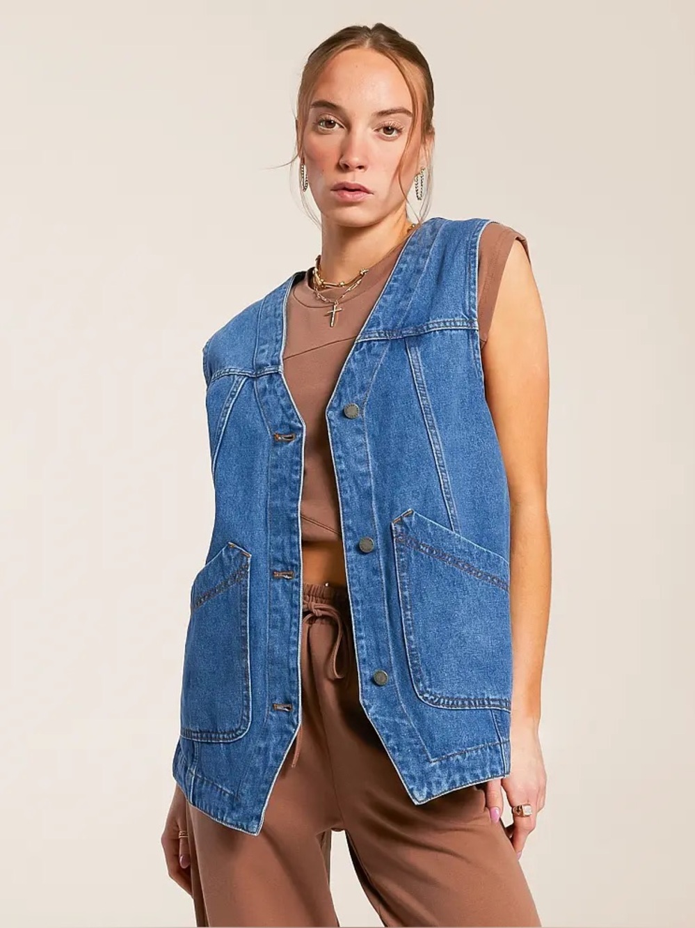 Veveret Oversized Denim Sleeveless Vest Utility Jacket Front Pockets size Medium - Picture 1 of 10